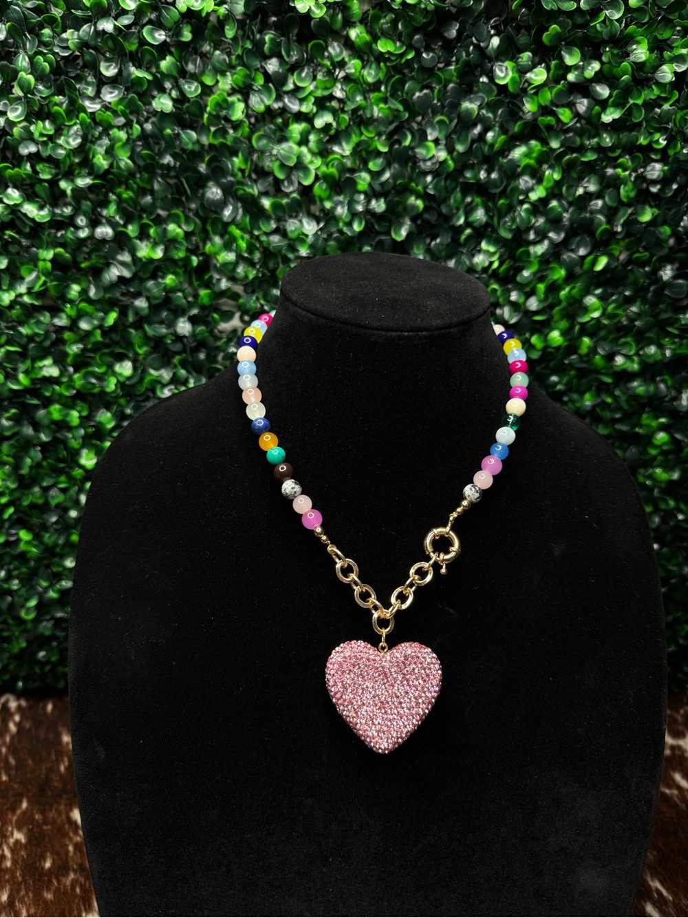 Pink Crystal Heart Pendant Beaded Necklace - Women Jewelry